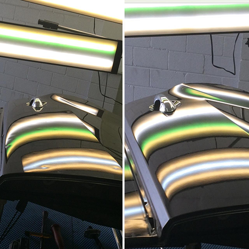 Black car before and after the dents on the roof