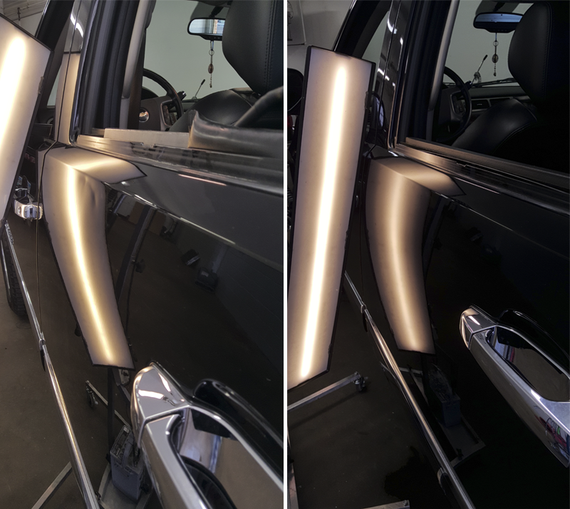Before and After dents of the side panel of the luxury car