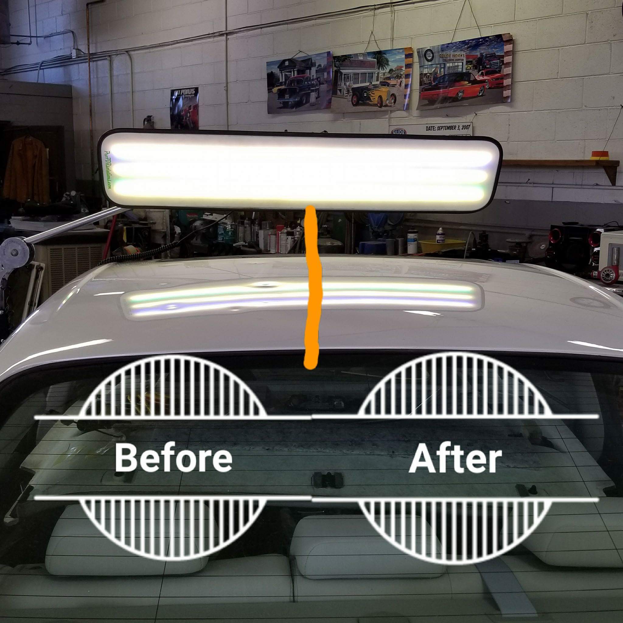 Before and after the dents of the white car