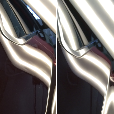 Black car before and after the dents on the side panel