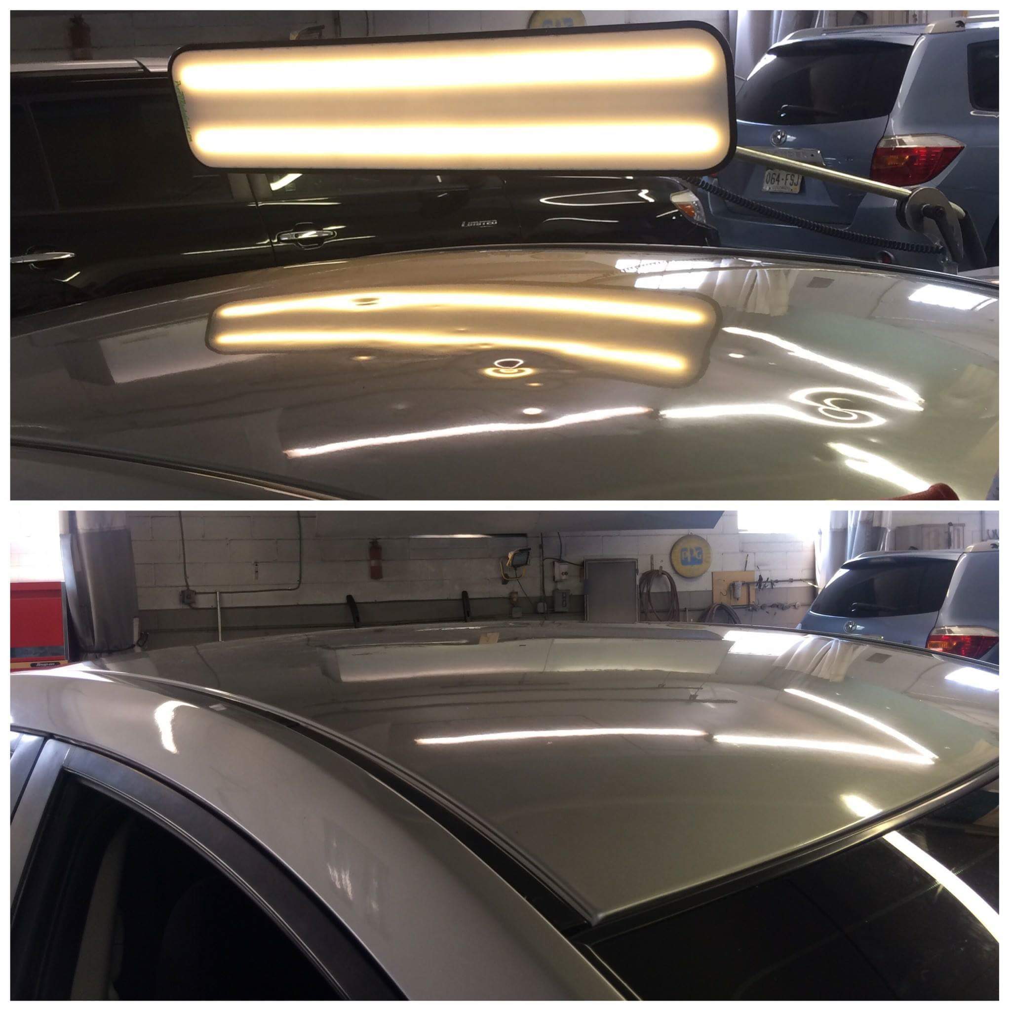 Before and after the dents of the car in the roof